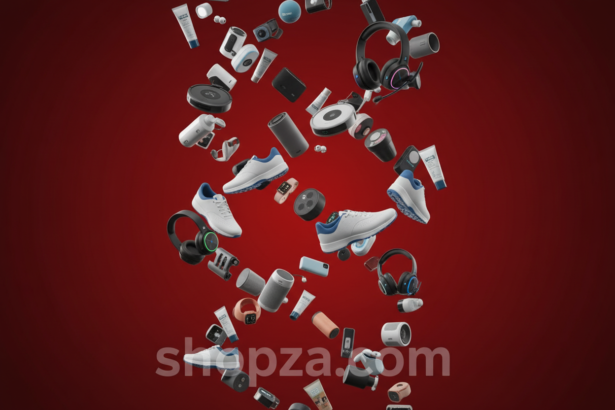 Generate an image of 1920 bay 1080 pixels or above and the picture must be read the background must be read and must have flying uh uh flying orthopaedic shoe flying,foot care products, vacuum cleaners,headset and trendy products flying around. With the name shopza.com 10 in front of those products but it shouldn't be very dark let it look like a shade. A word written shops.com written in shade